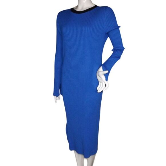 FUTURE COLLECTIVE Dress, XL, Blue Ribbed Knit, Side Buttons, Long sleeve, Stripe - Picture 4 of 15